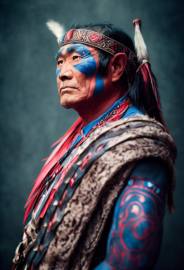 Old warrior chief, tribal panther make up, blue on red