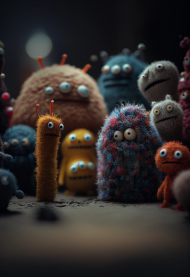 Felt monsters in a movie scene and dramatic lighting